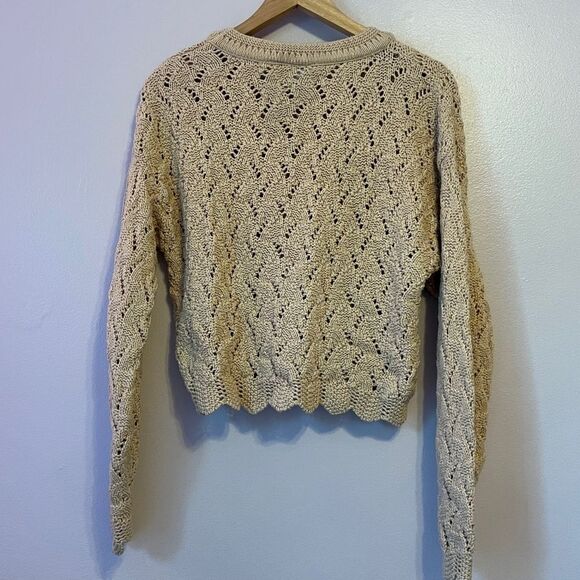 Vintage Open Knit Scalloped V Neck Cotton Cottagecore Sweater Beige Tan Medium - Picture 3 of 8